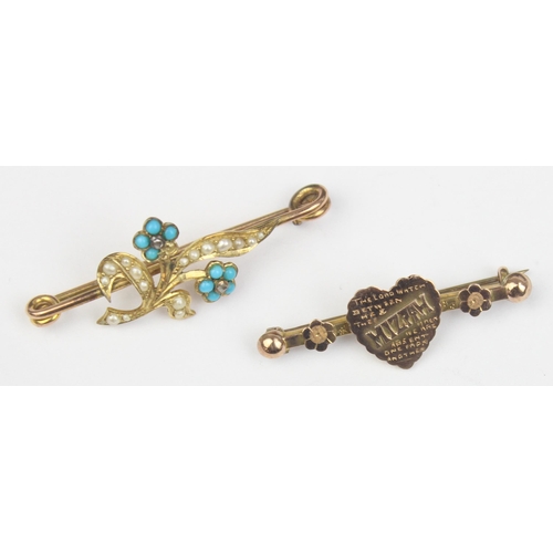 1119 - 2 antique gold brooches, a 9ct gold Miizpah brooch, marked for Birmingham 1902 and a turquoise and s... 