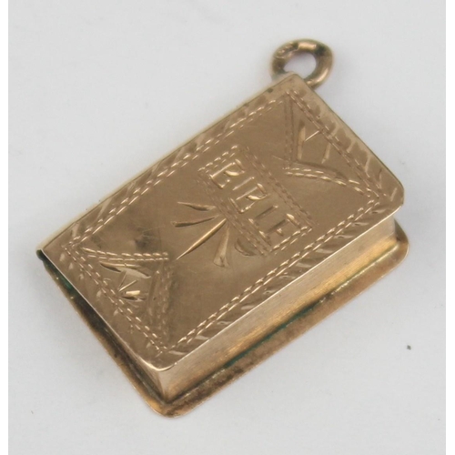 1122 - A vintage 14ct gold bible charm, indistinctly marked but XRF confirmed as 14ct gold, approx 22mm tal... 