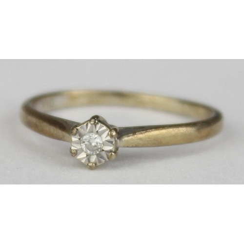 1124 - 9ct gold and solitaire diamond ring, marked and XRF confirmed, approx size M, approx 1.47g gross