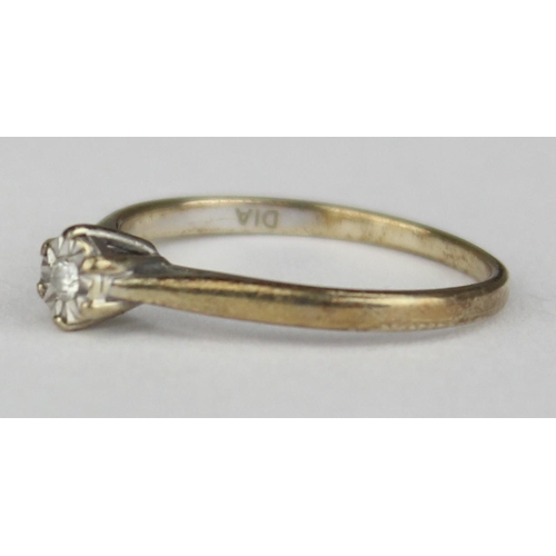 1124 - 9ct gold and solitaire diamond ring, marked and XRF confirmed, approx size M, approx 1.47g gross