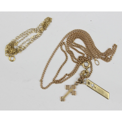 1130 - 2 knotted 9ct gold necklaces, one with 2 pendants, marked and XRF confirmed, approx 3.68g gross