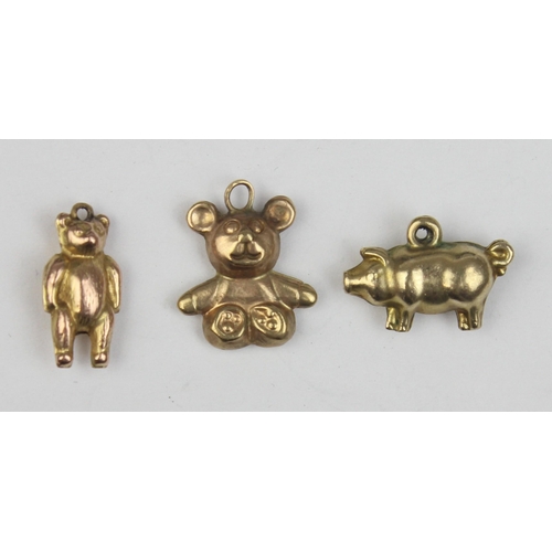 1133 - 3 vintage 9ct gold pendants or charms formed as a pig and 2 teddy bears, 2 marked and XRF confirmed,... 