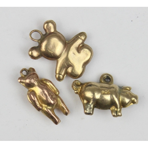 1133 - 3 vintage 9ct gold pendants or charms formed as a pig and 2 teddy bears, 2 marked and XRF confirmed,... 