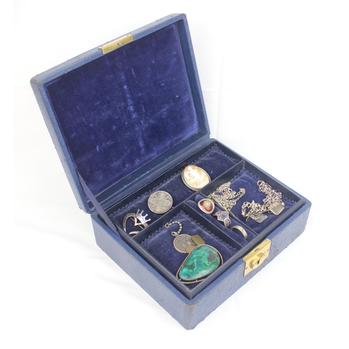 1138 - A vintage blue leather covered jewellery box and contents, all contents silver, most pieces marked a... 