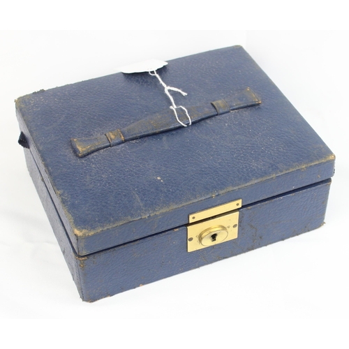 1138 - A vintage blue leather covered jewellery box and contents, all contents silver, most pieces marked a... 