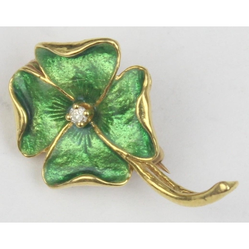 1139 - A vintage 18ct gold, green enamel and diamond brooch formed as 4 leaf clover or shamrock, marked 18k... 