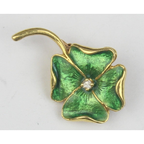 1139 - A vintage 18ct gold, green enamel and diamond brooch formed as 4 leaf clover or shamrock, marked 18k... 