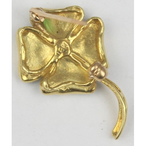 1139 - A vintage 18ct gold, green enamel and diamond brooch formed as 4 leaf clover or shamrock, marked 18k... 