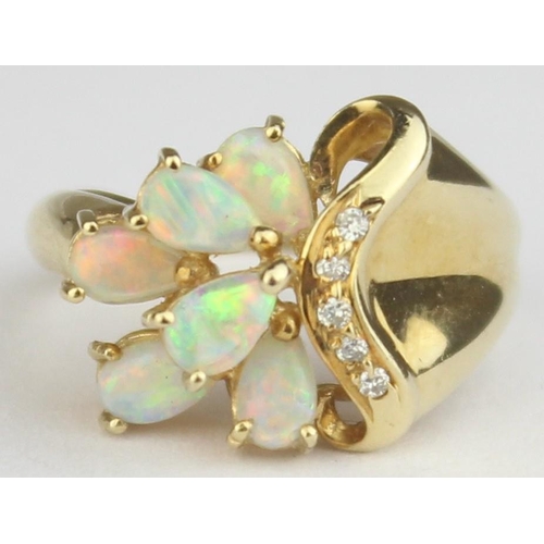 1145 - A 14ct gold, opal and diamond ring, marked 14k and XRF confirmed, approx size L, approx 3.63g gross