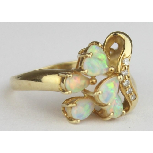 1145 - A 14ct gold, opal and diamond ring, marked 14k and XRF confirmed, approx size L, approx 3.63g gross