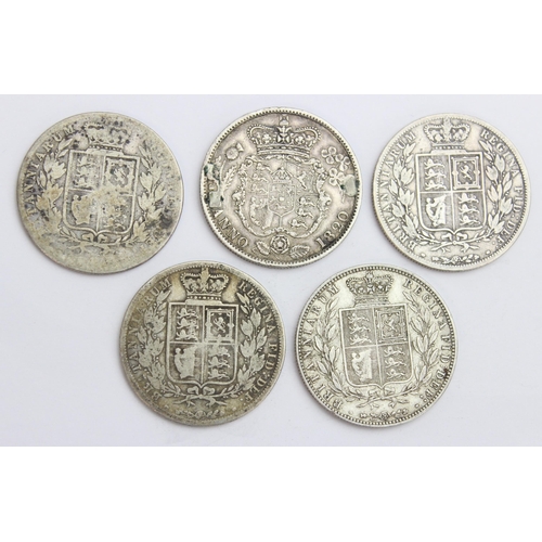 1213 - 5 19th century silver half crown coins, 1820 - 1885, 1874 with good details, approx 68.21g gross