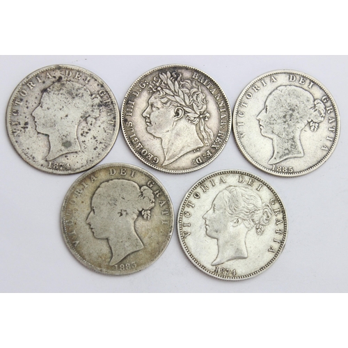 1213 - 5 19th century silver half crown coins, 1820 - 1885, 1874 with good details, approx 68.21g gross