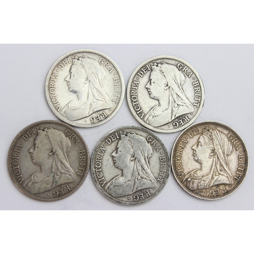 1215 - 5 Queen Victoria silver half crown coins, 1893 - 1900, approx 69.11g gross