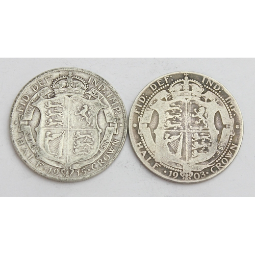 1216 - 2 silver half crown coins, 1915 & a rare 1903 Edward VII, one of only 274,840 minted, approx 27.46g ... 