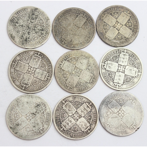 1217 - 9 Queen Victorian Gothic florin silver coins, various dates and conditions, approx 95.07g gross