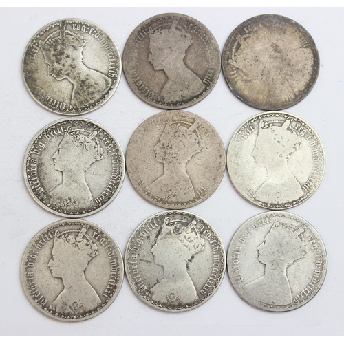 1217 - 9 Queen Victorian Gothic florin silver coins, various dates and conditions, approx 95.07g gross