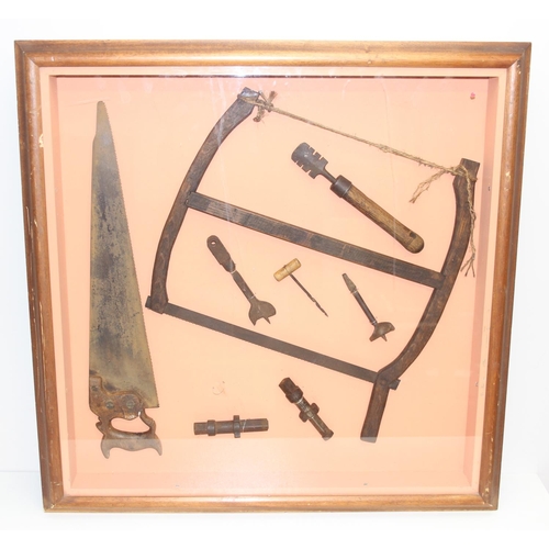 761 - Display of vintage tools in glazed frame/case, approx 86 x 86 x 10cm