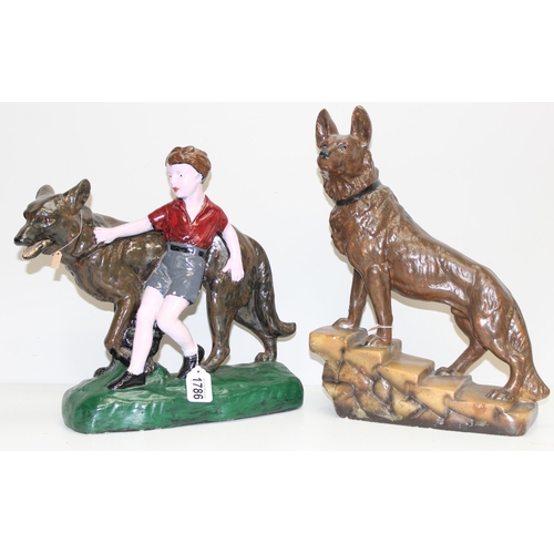 1668 - 2 vintage painted chalkware figures of dogs, the largest approx 44cm tall