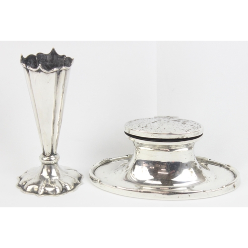 1006 - A vintage silver inkwell with liner, Birmingham 1928, and a silver bud vase, Sheffield 1908 by Walke... 