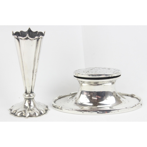 1006 - A vintage silver inkwell with liner, Birmingham 1928, and a silver bud vase, Sheffield 1908 by Walke... 