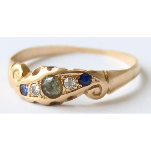 1163 - A vintage 18ct gold ring with 5 assorted stones, a larger white stone flanked by 2 diamonds and 2 bl... 