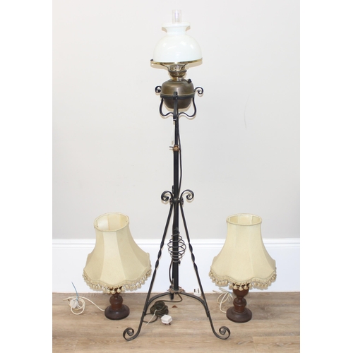 237 - Pair of vintage turned wooden table lamps with shades, approx 58cm and an antique wrought iron stand... 