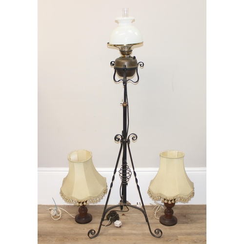 237 - Pair of vintage turned wooden table lamps with shades, approx 58cm and an antique wrought iron stand... 