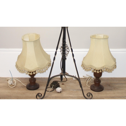 237 - Pair of vintage turned wooden table lamps with shades, approx 58cm and an antique wrought iron stand... 