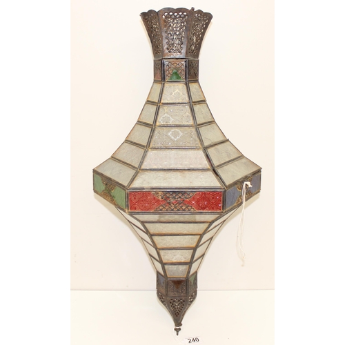 240 - A large Moroccan style hanging lamp with colourful glass panels and metal frame, approx 70cm tall