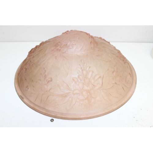 242 - A French pink moulded glass lampshade with fittings and 3 other shades, the largest approx 36cm in d... 