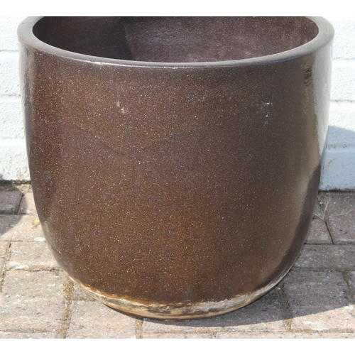 362 - 3 glazed dark brown ceramic garden pots with glitter effect finish, each approx 41cm in diameter x 3... 