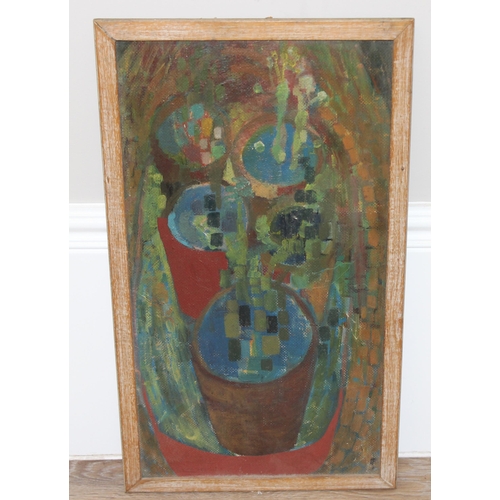 537 - P.H. Stott (Pamela or Paula), retro mid-century oil on board of flowers, bearing signature to back a... 