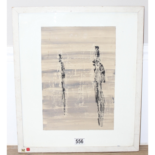 556 - Mixed media abstract painting of two silhouetted figures, in glazed frame, indistinctly signed botto... 