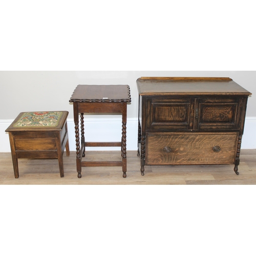 70 - A vintage sewing box table or stool with upholstered top and contents, an unusual early 20th century... 