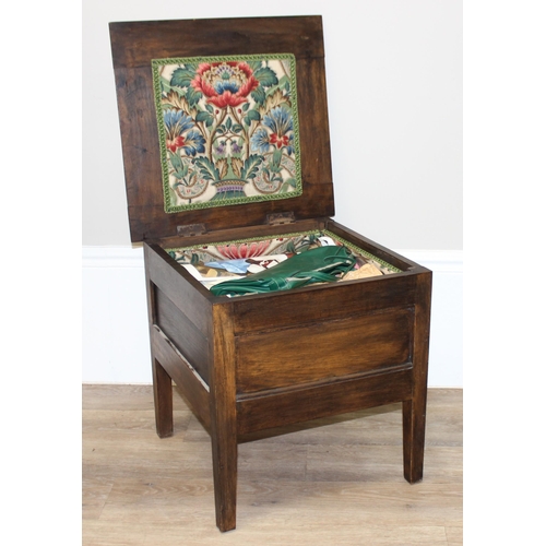 70 - A vintage sewing box table or stool with upholstered top and contents, an unusual early 20th century... 