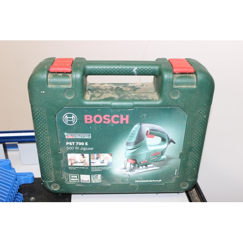 756 - Kreg router table with measuring guide and various other attachments and a Bosch jigsaw, approx 81cm... 