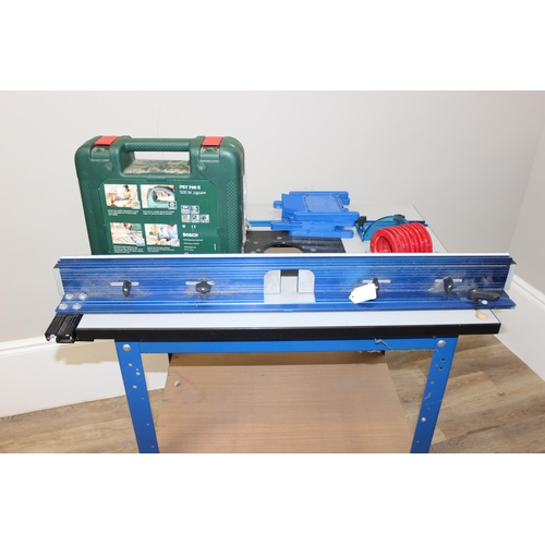 756 - Kreg router table with measuring guide and various other attachments and a Bosch jigsaw, approx 81cm... 