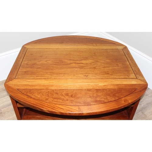 196 - Oriental style drop leaf coffee table with shelves, approx 106 W x 57 (118 extended) x 51cm H