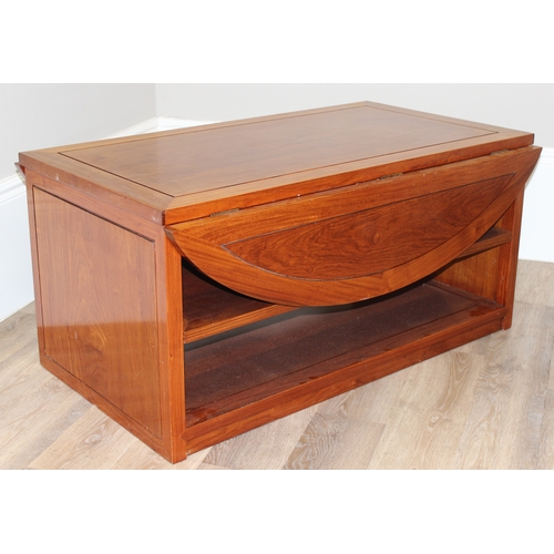 196 - Oriental style drop leaf coffee table with shelves, approx 106 W x 57 (118 extended) x 51cm H