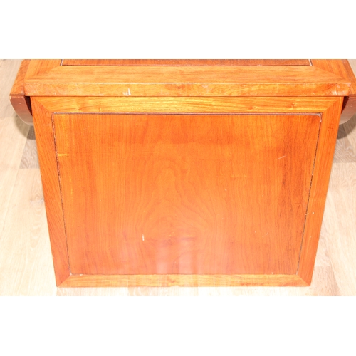 196 - Oriental style drop leaf coffee table with shelves, approx 106 W x 57 (118 extended) x 51cm H