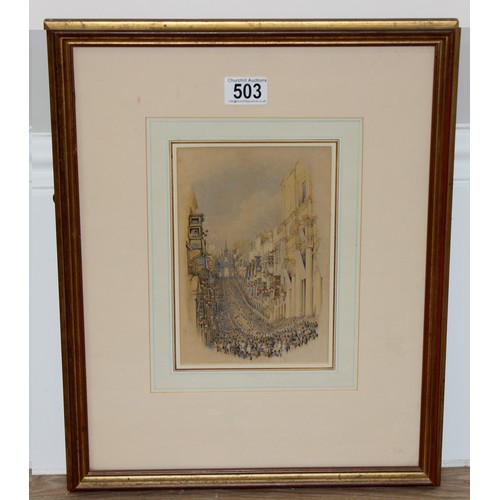 503 - An unusual antique pencil and watercolour of a crowded street scene, unsigned but likely late 19th c... 