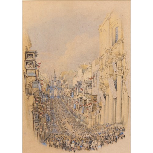 503 - An unusual antique pencil and watercolour of a crowded street scene, unsigned but likely late 19th c... 