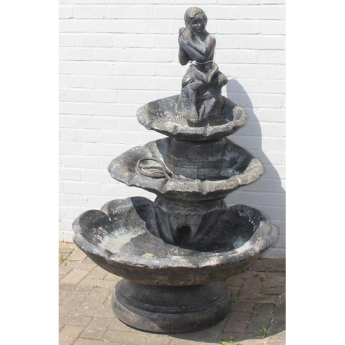 385 - Large 3 tiered scalloped concrete garden water feature by Henri Studio approx 140cm tall