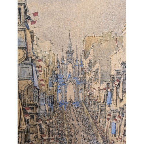 503 - An unusual antique pencil and watercolour of a crowded street scene, unsigned but likely late 19th c... 