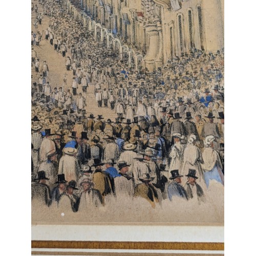 503 - An unusual antique pencil and watercolour of a crowded street scene, unsigned but likely late 19th c... 