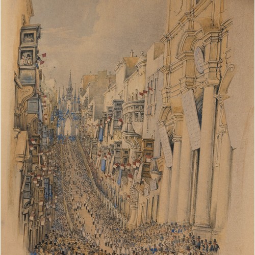 503 - An unusual antique pencil and watercolour of a crowded street scene, unsigned but likely late 19th c... 