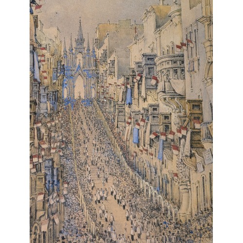 503 - An unusual antique pencil and watercolour of a crowded street scene, unsigned but likely late 19th c... 