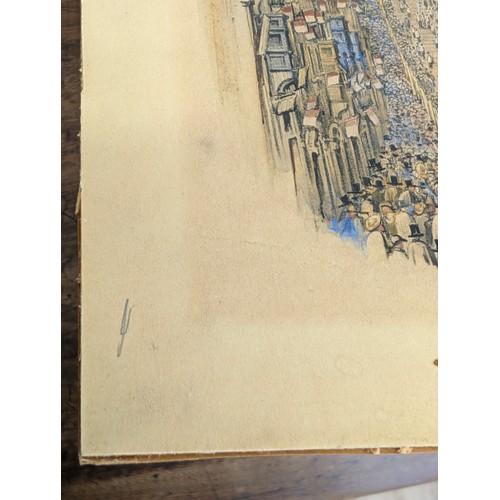 503 - An unusual antique pencil and watercolour of a crowded street scene, unsigned but likely late 19th c... 