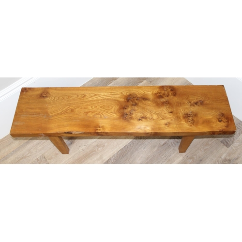 38 - A vintage burr Elm seated low bench, approx 116cm wide x 29cm deep x 36cm tall