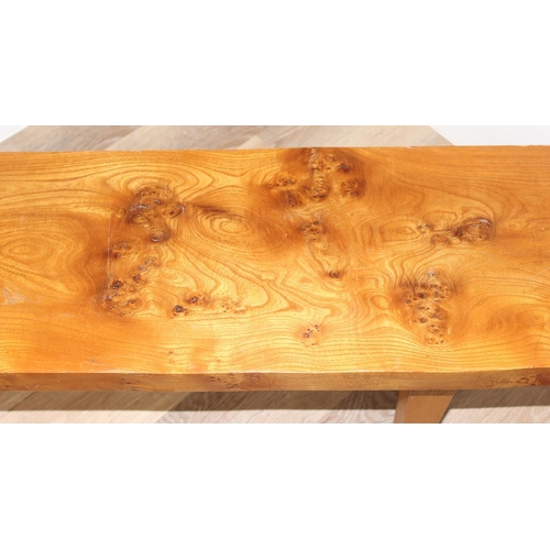 38 - A vintage burr Elm seated low bench, approx 116cm wide x 29cm deep x 36cm tall